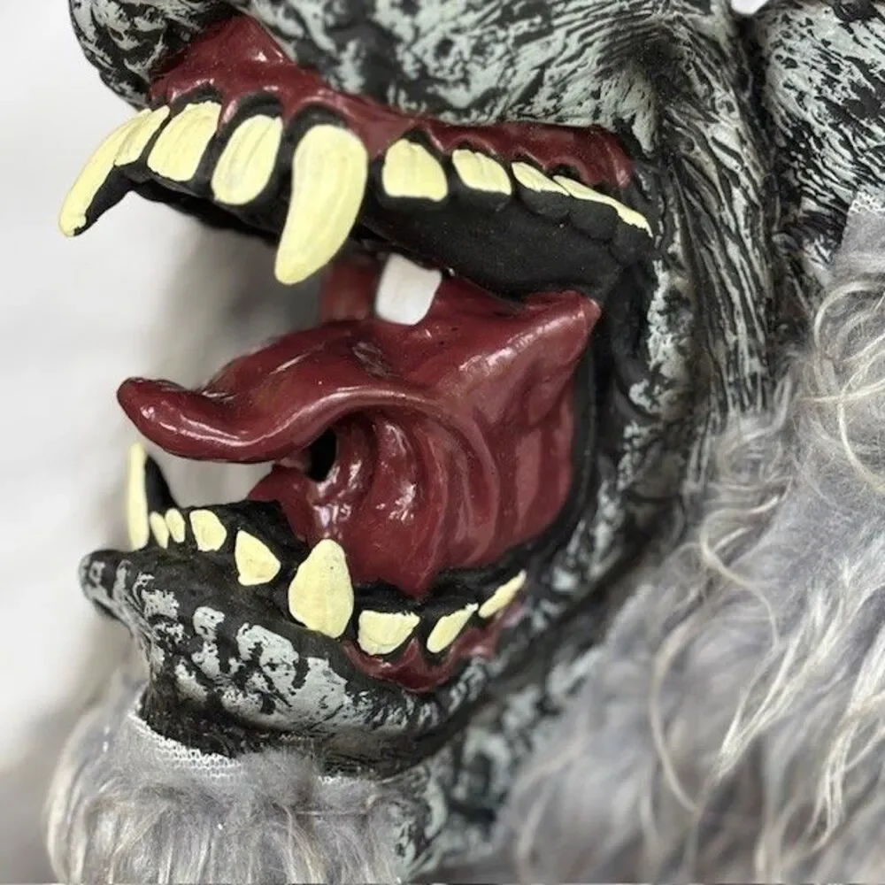Werewolf Halloween Mask Scary Costume Prop Gray Faux Fur Teeth Tongue
